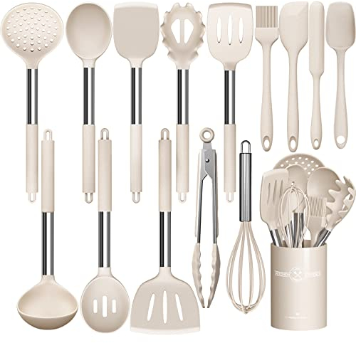 Umite Chef - Juego de utensilios de cocina, 15 piezas de silicona, resistente al calor, antiadherente, sin BPA, mango de acero inoxidable, espátulas, pinzas, batidor y utensilios de cocina