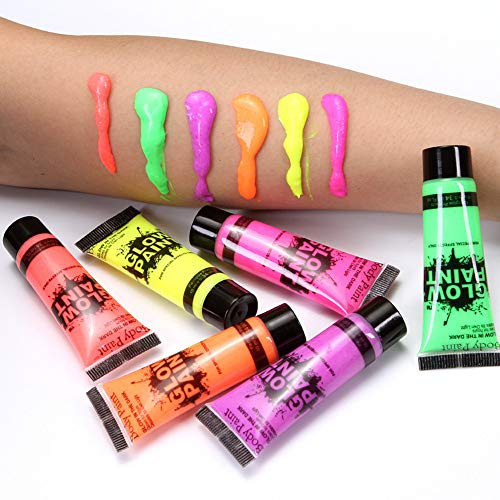 UV Glow Neon Gesichts- und Körperbemalung Set mit 6 Tuben - fluoreszierend - Hellstes Leuchten unter UV! Makeup 6 Farben 10ml Face Body Painting