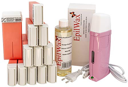 EpilWax Royal Kit Depilatorio Completo con: Calentador de Cera Profesional-12 Roll-On de Cera 100 ml Rose -100 Tiras Depilatorias-250 ml de Aceite para después depilación (Royal Rose Series 12)