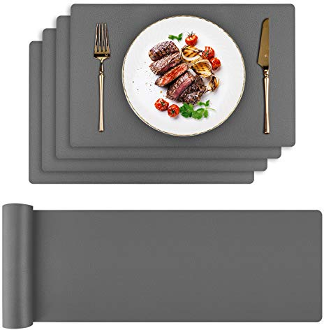 Toprance Tischset 4er Set und Tischläufer Lederoptik Abwischbar Platzsets 42x30cm Platzdecken Kunstleder Hitzebeständig Tischtuch 135cm Dunkelgrau für Hause Küche Restaurant und Hotel