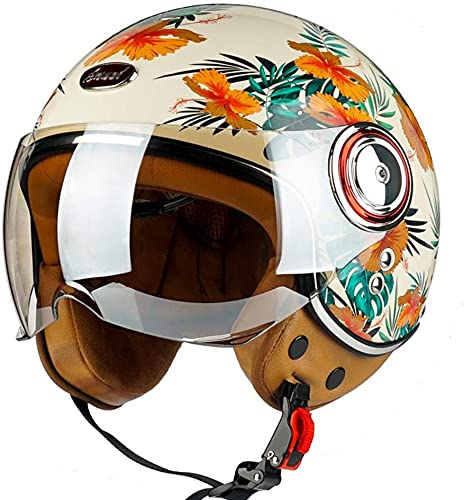 STTTBD Mattschwarz/Blume · Vespa-Jethelm mit offenem Gesicht · Herren und Damen Motorrad-Roller-Halbhelme Jet Pilot Motor Retro Chopper Cruiser Vintage Moped-Helm · DOT/ECE-Zulassung A,S