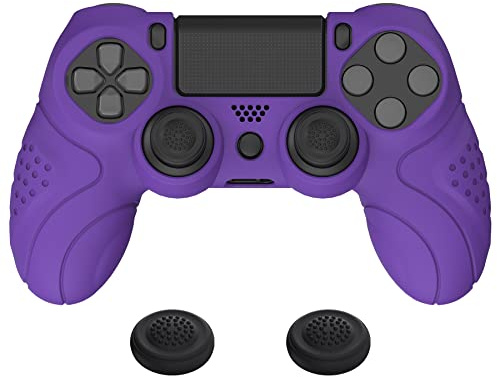 PlayVital Guardian Edition Purple Ergonomic Soft Anti-Slip Controller Silicone Case Cover for PS4, Rubber Protector With Black Joystick Caps for Slim/Pro Controller