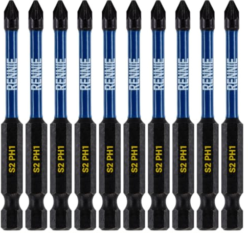 10 x Rennie Tools 75mm Long PH1 Impact Screwdriver Driver Bits Set | Magnetic Phillips No.1 Heavy Duty Impact Driver Bit Set. PH1 Bits. Hex Shank, Cross Head. Black Oxide Coated