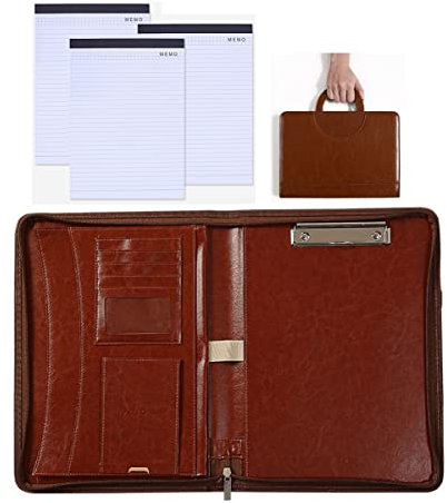 Schreibmappe A4 Konferenzmappe Geschäfts Dokumentenmappe Businessmappe Leder Ringbuch Mit Reißverschluss Für Damen Herren Mit 3 Stück Ersatz Notizblöcken 25 Blatt (Color : Brown)