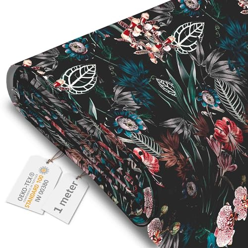 DreamRoots Segeltuch Wasserdicht - Polsterstoff Meterware 160 cm breit - Wasserabweisender Stoff 220 g/m2 600D - Markisenstoff Wasserdicht Meterware Dark Botanic 1M