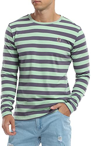 KUYIGO Mens Long Sleeve Striped T Shirt Cotton Classic Crew Neck Young Fashion Tops