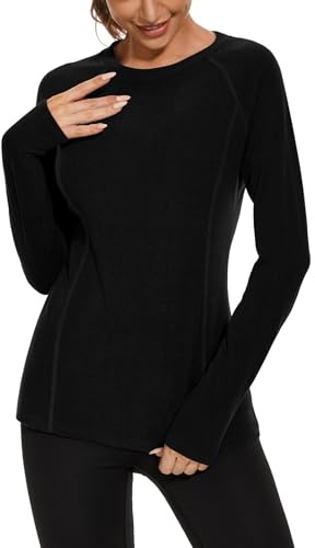 WOWENY Camiseta térmica de Manga Larga de Forro Polar para Mujer Extra cálida Cuello Redondo Ligera Esquiar y Hacer Senderismo