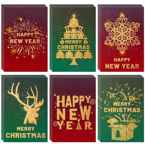 DPKOW 24 Stück Weihnachtskarten Neujahrskarten Set, Glitzer Rot Grün Geschenkkarte Weihnachten Neujahrs Grußkarten Multipack Merry Christmas Cards Happy New Year, mit 24 Umschlägen und 24 Aufkleber
