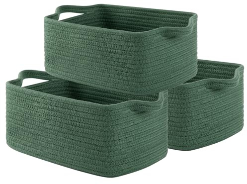 OIAHOMY Canastas de algodón tejidas con cuerda de algodón para almacenamiento, cesta rectangular de almacenamiento con asas para estantes, paquete de 3, color verde