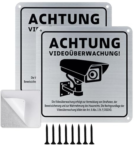 Achtung Videoüberwachung Schild Privatgrundstück mit DSGVO Hinweis, 15x15cm 100% Alu,Warnschild Kamera überwachung, Selbstklebend und 4 Bohrlöcher, Warnschild für Innen Außen (Silber-2pcs)