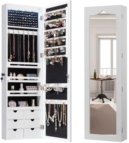 HOMASIS Schmuckschrank mit LED-Lichtern & Spiegel, Spiegelschrank mit 6 Schubladen, Wandspiegel Türspiegel mit Schloss, 36,5 x 11,5 x 120 cm (Weiß)