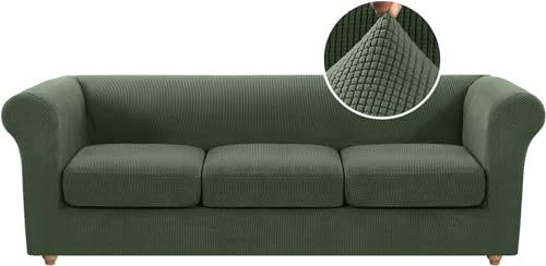 LINGKY Stretch Chesterfield Sofa Überzug 3 Sitzer, Elastischer Sofabezug Mit 3 Separaten Sofa Sitzkissenbezug, Elasthan Couch Überzug, Sofaschutz Katze Sofaüberwurf (Bronzegrün,3 Sitzer)