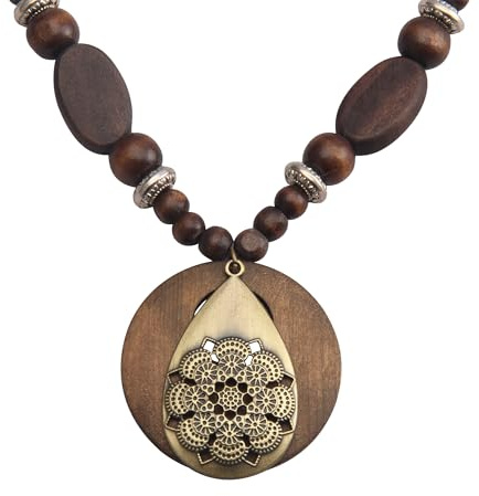 Bjesinmo Wooden Necklaces for Women Boho Long Vintage Beaded Necklace Bohemian Pendant Wooded Jewelry