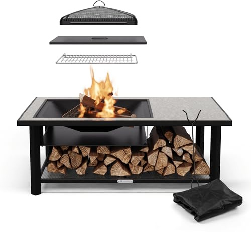 blumfeldt Merano Avanzato L Brasero Exterieur - 3-en-1 Brasero Barbecue & Table, Plateau Terrazzo, Cadre Acier Robuste, Pare-Étincelles, Grille & Tisonnier Inclus, Idéal Jardin & Terrasse