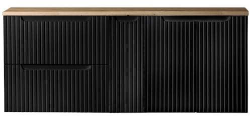 Lomadox Badezimmer Doppelwaschtisch-Unterschrank 140cm, in schwarz mit Eiche, gerillte Front, grifflos