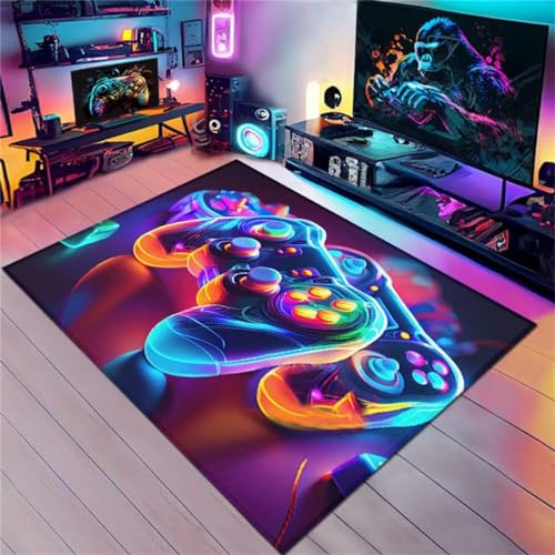 PEIHUODAN Gamer-Teppich, Neon Modern Cool Tech Stil, Kinder Teenager Gamepad 3d Gedruckter Teppich, Waschbar Anti-Rutsch-Spiel Wohnzimmer (Schwarz, 120x160cm)