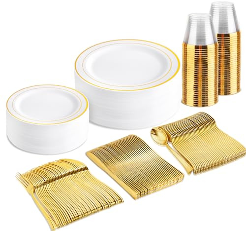 bUCLA 150PCS Gold Plastic Dinnerware Set Disposable - Heavy Duty Gold Plates Include 25 Dinner & 25 Dessert Plates,25 Forks,25 Knives,25 Spoons&25 Cups for Party&Wedding