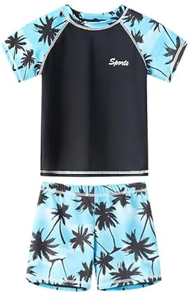 Runhomal Barn pojke baddräkt 2 delar snabbtorkande T-shirt anti-UV topp och shorts strand simning surfing badkläder, Färg: blå, 13-14 ans