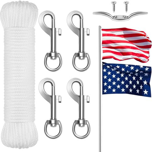 Zhaoyao Flag Pole Rope Replacement 5/16”, 50 Feet Flag Pole Replacement Rope 4ps Flag Clips for Flagpole Rope &Rope Cleat Hook Durable Flag Pole Rope Kit Outdoor Flag Pole Accessories and Parts