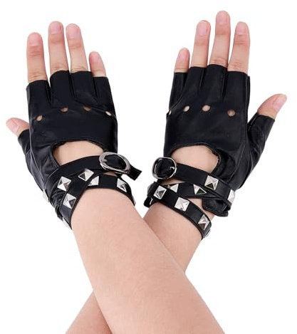 NICENEEDED Fingerlose Handschuhe Aus Kunstleder Punk Handschuhe PU Lederhandschuhe Gothic Halbfingerhandschuh Cosplay Performance Handschuhe