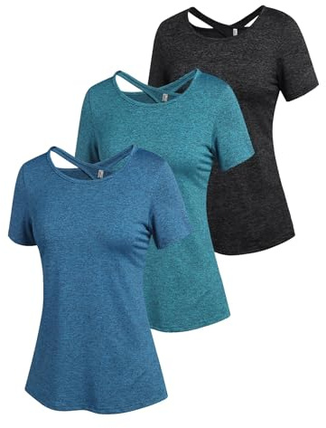ADOME T-shirt de sport pour femmes, T-shirt de fitness à manches courtes, T-shirt fonctionnel, haut sans dos, T-shirt de course, respirant, T-shirt de gym, T-shirt de yoga, haut élastique, pack de 1