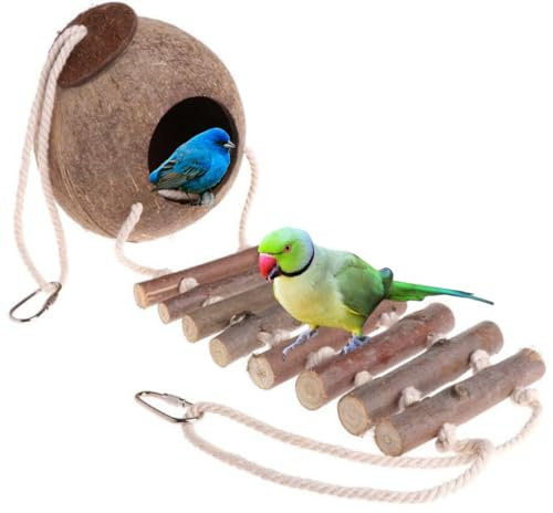 Coconut Bird Nest with Wooden Ladder, Perches, and Hanging Rope – For Birds, Reptiles, and Aquarium Pets Plastic Free, Toxic Free