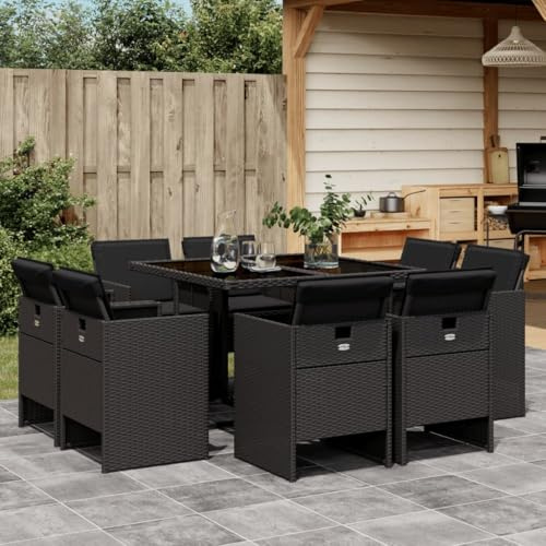 IKAYAA 9-TLG Rattan Gartenmöbel Set, Rattan Sitzgruppe für 8 Personen, Gartentisch aus Glas mit Stapelbar Stühlen & Kissens, Gartengarnitur, Essgruppe Garten, Schwarz