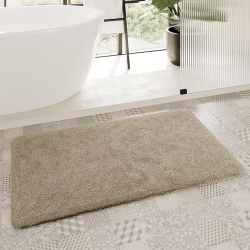 Homie Living Porto Azzurro Badteppich, 80 x 150 cm, hell Taupe | Badematte kuscheliger Flauschiger weicher Flor l rutschfest und Waschbar