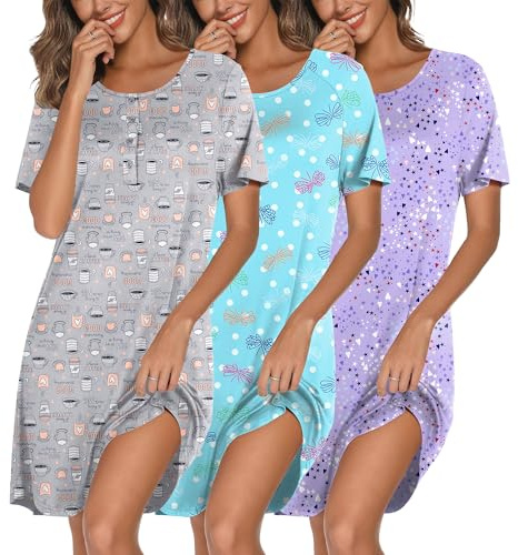 Ekouaer 3 Pack Nightgowns for Women Short Sleeve Sleepshirt Button Down Nightshirt Soft Pajamas Dress Casual Sleepwear