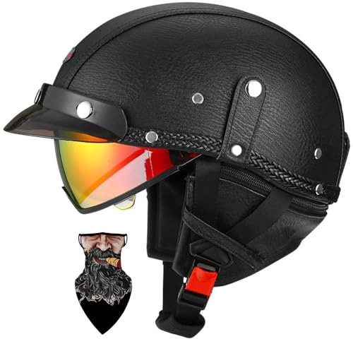 HALYING Casco Moto retrò Vintage, Casco Scodella Semi Integrale con Visiera, Casco Aperto Jet in ABS, Certificato ECE, per Motocicletta, Scooter e Bici Elettrica per Uomo e Donna