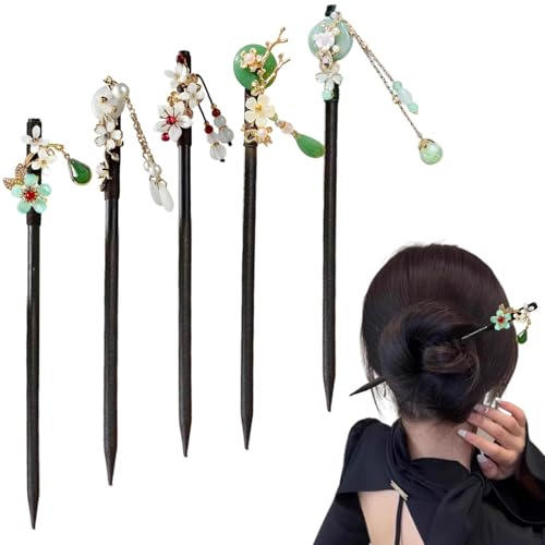 Gativs Horquillas chinas vintage para el pelo, 5 unidades, de madera, flores vintage, para el pelo, palillos chinos, horquillas decoradas con flores y borlas, para mujer