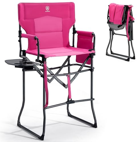 EVER ADVANCED 78CM Sitzhöhe Regiestuhl Hoch Klappbar 160KG Belastbar | Make Up Stuhl Faltbar mit Beistelltisch&Seitentasche, Schminkstuhl für Make-up Artist, Sportveranstaltung, Bar-Stuhl, Rosa