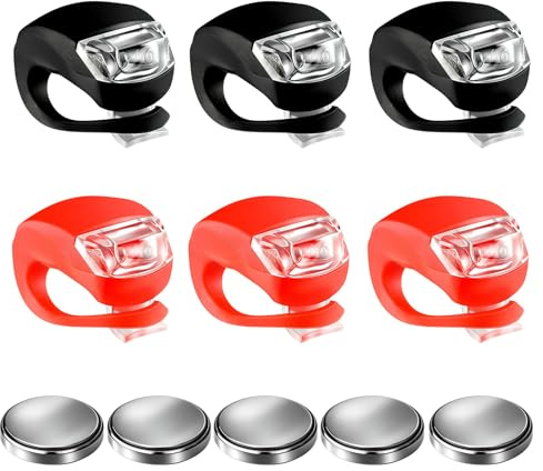 Swiftctrl 6 Lumières Vélo LED + 5 Piles CR2032 – Feux Avant & Arrière Étanches en Silicone – 3 Modes – Éclairage Vélo Rouge/Blanc pour Cyclisme de Nuit, Jogging, Sécurité Extérieure