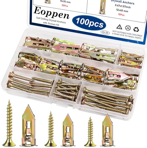 Eoppen 100Pcs Self Drilling Drywall Anchors with Screws Kit, 2 Sizes Sheetrock Anchors & 3 Sizes Expansion Screws, Zinc Plated Steel Drywall Anchors No Drilling Required Holds Up to 66lbs
