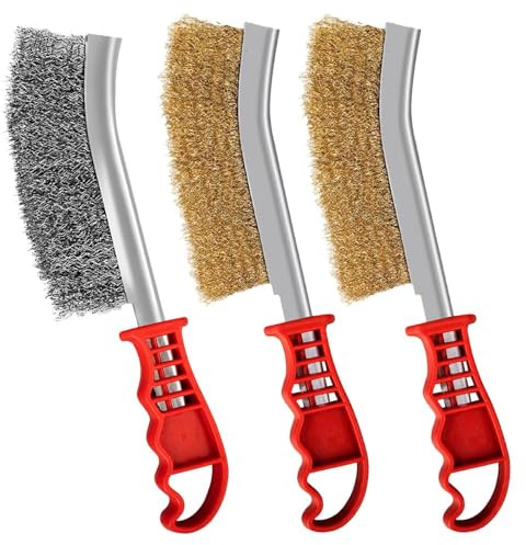 Wire Brush Set 3 Piece Long Handled Brass Coated Wire Brush Wire Brushes for Cleaning Stainless Steel Copper Bristles for Rust, Paint, Welding Slag Removal, Multi-Surface Cleaning Tools