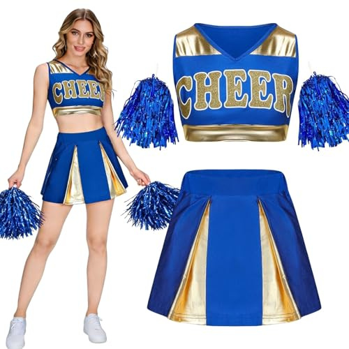 maxToonrain Women Cheerleader Costume with Shiny Gold Accents 3 PCS Adults Cheerleader Outfit with Pom Poms, Top, Skirt for 2026 High School Musical Events Halloween (Blue,S)