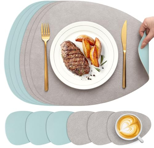 YIHELU Bordstabletter tvättbara och underlägg set med 6, oval bordstabletter tvättbara dubbelsidiga konstläder halkfri och lätt att rengöra, bordsunderlägg avtorkningsbara för kök och matsal