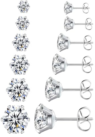 Hypoallergenic earrings Stud Earrings, Cubic Zirconia Stud Earring Set | 6 Pairs 3-8mm Surgical Steel Earrings, Dazzling Diamond Like Silver for Women Ladies Girls