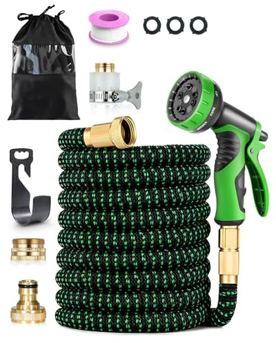 Expandable Garden Hose Pipe 100FT/30M, 10-Pattern Spray Nozzle, Brass Fittings 1/2 & 3/4, Durable 3750D Fabric, 4-Layer Latex Core, Leak-Resistant Design for Gardening, Car Cleaning, Black & Green