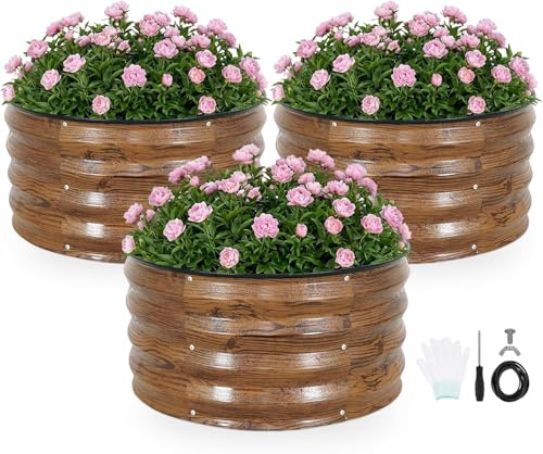 LATERN 3 Stück Runde Hochbeete, 60CM x 60CM x 30CM Verzinktem Stahl Pflanzkasten Robust Metall Bodenloses Hochbeet für Anbau von Pflanzen, Gemüse, Blumen und Kräutern im Freien (mit Montageset, Braun)