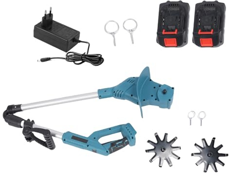 Asixxsix Coltivatore elettrico senza fili 21 V, 330 giri/min, batteria ricaricabile 1300 mAh, motocoltivatore giardino per giardinaggio e (2 batterie: taglierina a dente singolo Spina UE 110-240 V)
