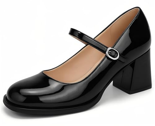 Pradize Zapatos Mary Jane Negros De Mujer, Tacón Medio, Estilo Clásico Verniz (Negro, 270=ES-44)
