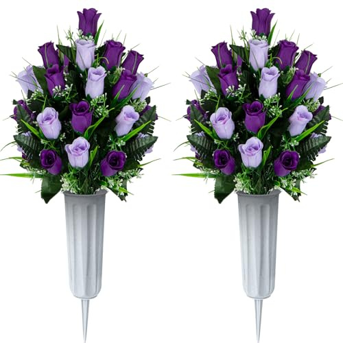 Kukooka Artificial Cemetery Flowers - Set of 2 Grave Memorial Rose Flowers with Vase for Cemetery Headstones Gravesites Decoration (Dark Purple&Light Purple)