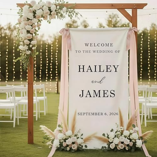 MEIEG Banner di Matrimonio in Lino Personalizzato, Cartello di Benvenuto in Tessuto Personalizzato per Cerimonia O Ricevimento, Arredamento Moderno Ed Elegante per Matrimoni(75X200 cm)