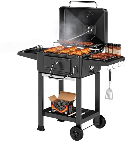 Outsunny kolgrill BBQ smoker med lock termometer höjdjusterbar kolpanna grillgaller sidobord askfack ventilationsspår, grillvagn med hjul kolgrillvagn för camping trädgård