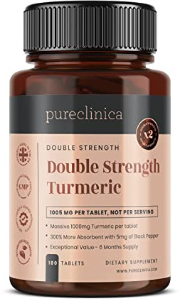 Dubbelstark Gurkmeja - 1000 mg x 180 Tabletter - Naturliga Nivåer av Curcumin - och 5 mg Svartpepparextrakt