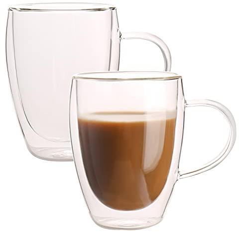 Gmark Juego de 2 tazas de café grandes (12 onzas, 350 ml), vaso de vidrio de doble pared, tazas de café aisladas para té, latte, espresso, jugo o agua GM2029