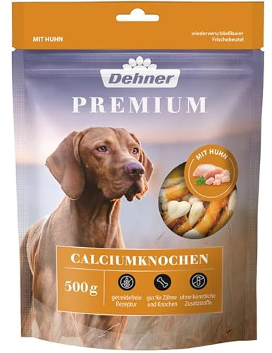 Dehner Premium Hundesnack, Leckerli getreidefrei / fettarm, Calciumknochen für ausgewachsene Hunde, mit Hühnerbrustfilet umwickelt, 500 g