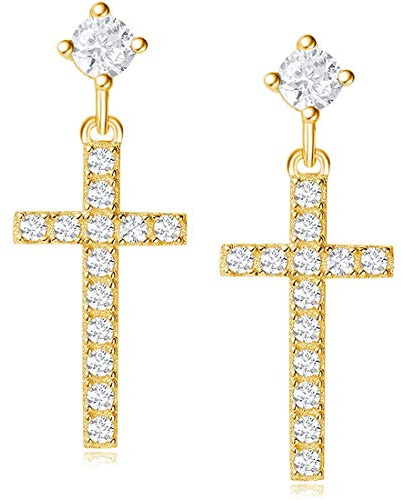Boucle d'oreille Croix Pendantes en Argent Sterling 925/1000 Plaqué or Jaune avec Zircone Cubique Petite Bijoux pour Femme Fille Enfant - Dimension: 22 * 10 mm