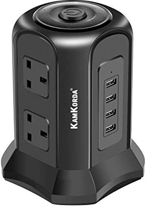Extension Lead Tower with 6 Plug Sockets and 4 USB Ports, Surge Protected Multi Socket Power Strip with 2M Cable, Vertical Plug Tower with Switches for Home Office and Charging Station (Black)